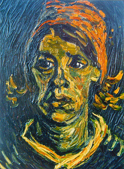Riproduzione, Copia, Rivisitazioni, Falsi d'Autore olio su tela di Vincent Van Gogh by Ida Parigi: Testa di Contadina con Copricapo Rosso