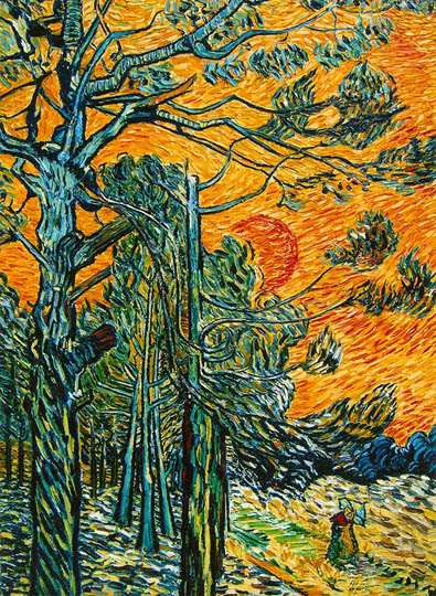 Riproduzione, Copia, Rivisitazioni, Falsi d'Autore olio su tela di Vincent Van Gogh by Ida Parigi: Pini contro un Cielo Rosso al Tramonto