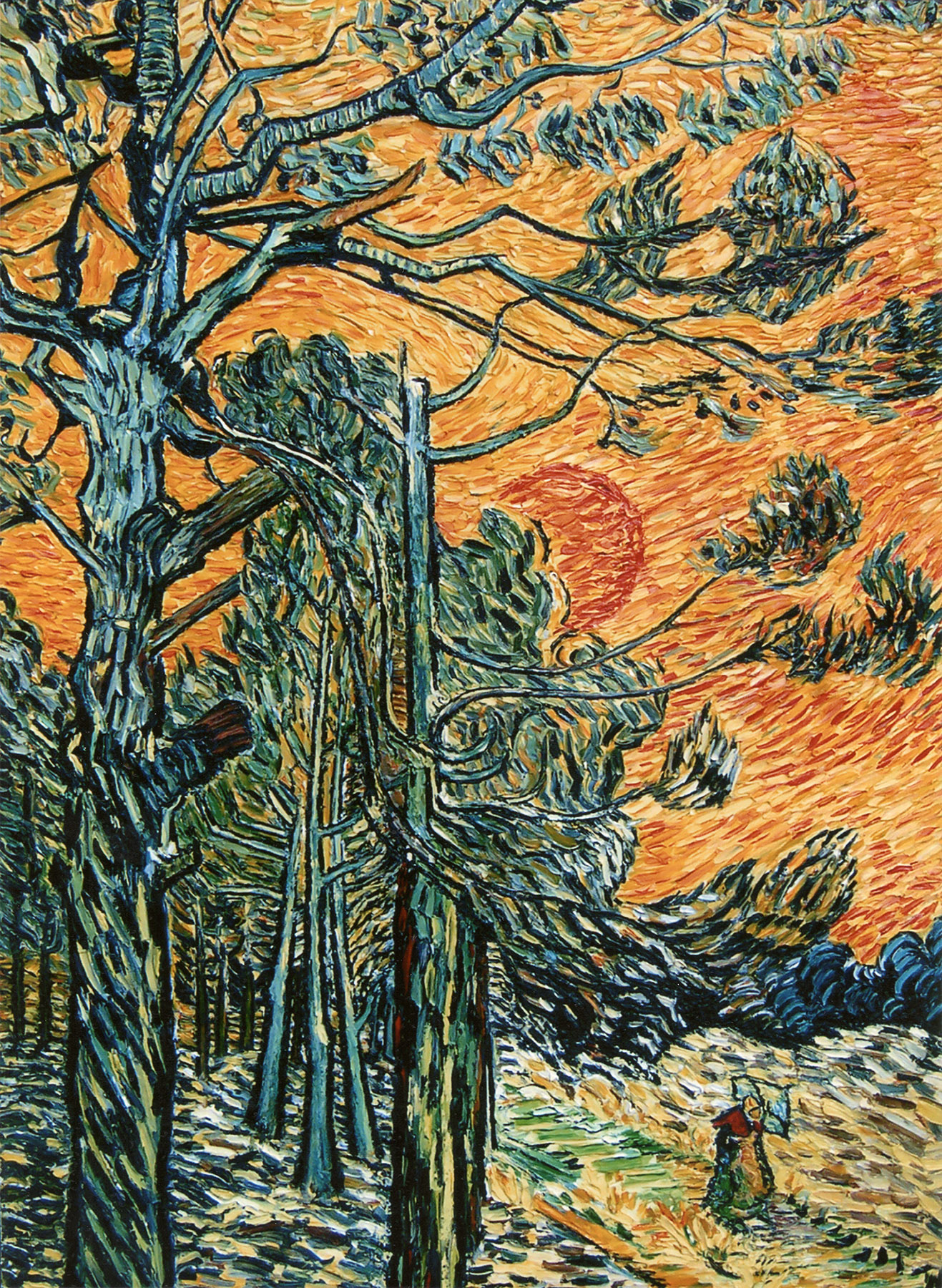 Riproduzione, Copia, Rivisitazioni, Falsi d'Autore olio su tela di Vincent Van Gogh by Ida Parigi: Pini contro un Cielo Rosso al Tramonto